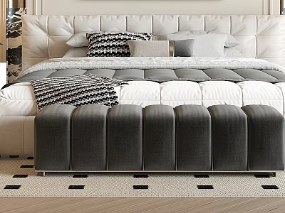 Double Bed With Upholstered Headboard Multiple Pillows Striped Blanket Footstool And Geometric Rug 3d model