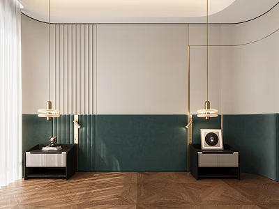 Modern Bed Accent Wall With Dark Green Panels And Pendant Lights 3d model