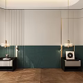 Modern Bed Accent Wall With Dark Green Panels And Pendant Lights 3d model