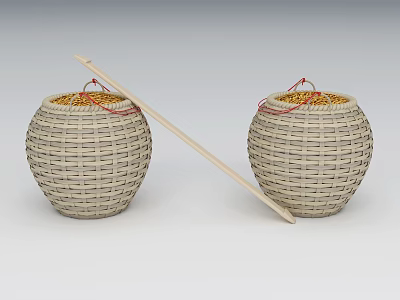 Two Wicker Storage Baskets With Red Strings And Wooden Stick For Home Use 3d model