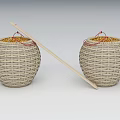Two Wicker Storage Baskets With Red Strings And Wooden Stick For Home Use