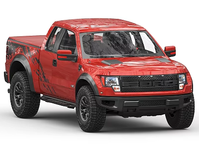 Red Sporty Pickup Truck With Black Wheels And Aggressive Front Grille Design 3d model