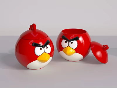 Red Angry Birds Shaped Storage Jars With Removable Lids And Expressive Faces 3d model