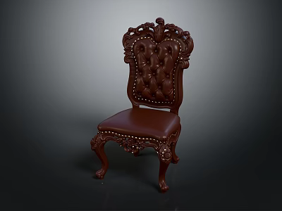 Classic Carved Accent Chair With Tufted Leather Seat And Ornate Dark Wood Frame Legs 3d model