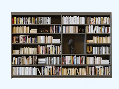 Dark Colored Bookcase With Multiple Shelves Filled With Books And Decorative Bust Sculpture 3d model