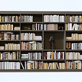 Dark Colored Bookcase With Multiple Shelves Filled With Books And Decorative Bust Sculpture