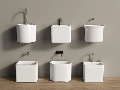 Various White Washbasin Designs With Wall Mounted And Freestanding Styles On Gray Wall 3d model
