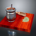 Silver Kitchen Mortar With Pestle Wooden Spoon And Green Herbs On Red Wooden Board