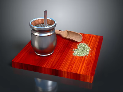 Silver Kitchen Mortar With Pestle Wooden Spoon And Green Herbs On Red Wooden Board 3d model