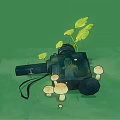 Vintage Black Digital Camera With Green Leaves And Round Fruits On Green Background