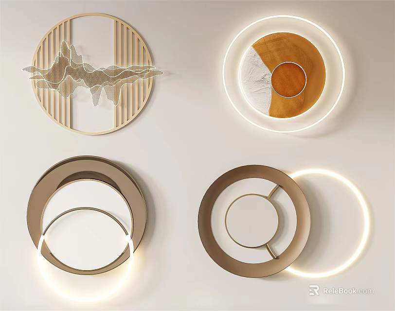 Modern Circular Wall Decor With Wooden Marble Elements And Geometric Lighting Design 3d model