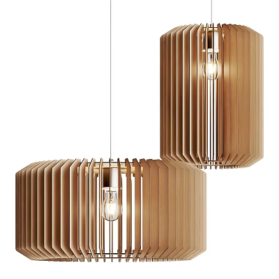 Modern Wooden Cylindrical Pendant Light With Slatted Design And Exposed Bulb For Interior 3d model