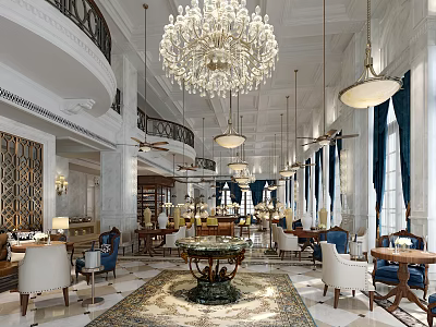 Luxurious Restaurant Interior With Crystal Chandeliers Marble Tables White Chairs And Rugs 3d model