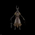 Skeleton Mythical Creature With Antler Headdress Robed Figure And Ritual Weapon