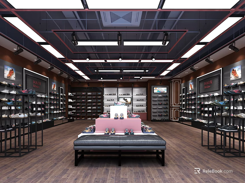 Spacious Shoe Store Interior Featuring Shelves Displays Lighting And Central Bench 3d model 