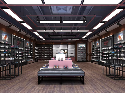 Spacious Shoe Store Interior Featuring Shelves Displays Lighting And Central Bench 3d model