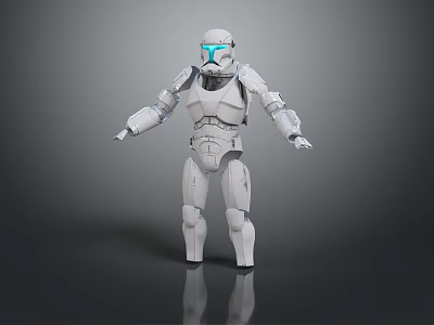 Stylish White Household Robot With Blue Facial Lights Modern Design Standing Posture Reflective Base 3d model