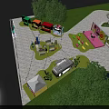 Colorful Children's Playground With Various Play Structures Trees And Green Grass