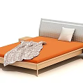 Modern Double Bed with Orange Mattress Silver Headboard Wooden Nightstand and Geometric Blanket