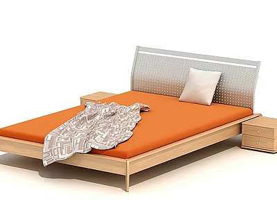 Modern Double Bed with Orange Mattress Silver Headboard Wooden Nightstand and Geometric Blanket 3d model