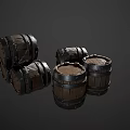 Decorative Wooden Barrel Ornament Set with Black Hoops and Wood Grain Design