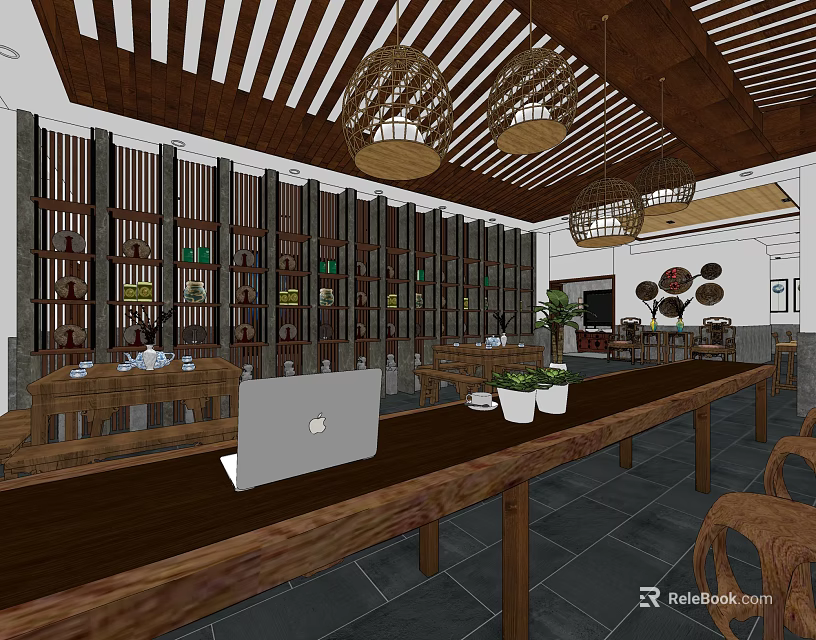 Traditional Teahouse Interior Design With Wooden Furniture Hanging Lanterns And Tea Tables 3d model 