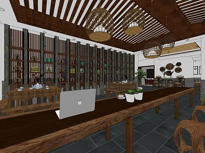 Traditional Teahouse Interior Design With Wooden Furniture Hanging Lanterns And Tea Tables 3d model