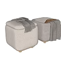 Light Gray Upholstered Ottoman with Brown Pillow and Wooden Legs Modern Design