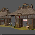 Traditional Building Design With Thatch Roofs Wooden Frames And Hanging Lanterns