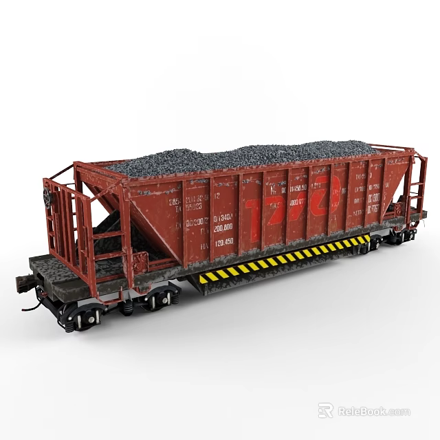 Red Freight Train Car Loaded With Black Coal On White Background 3d model