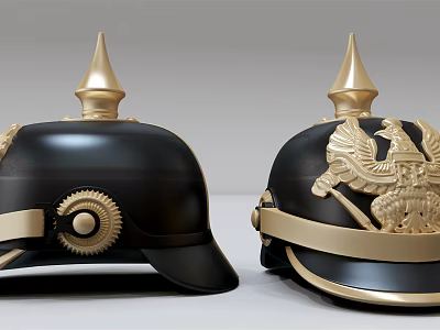 Pair of Black Military Helmets With Gold Spiked Tops And Detailed Eagle Emblems 3d model