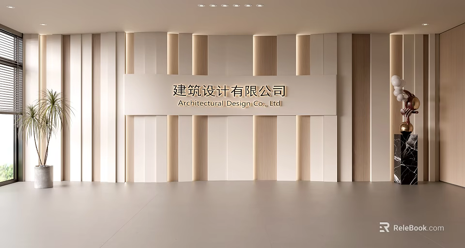 Modern Interior Background Wall For Architectural Design Company With Wooden Vertical Stripes 3d model 