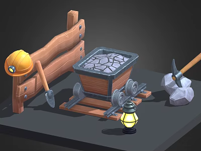 Industrial Equipment Including Hard Hat Shovel Stone Container With Wheels Hammer And Lantern 3d model