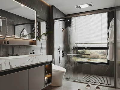 Modern Bathroom Interior With Marble Countertop Large Mirror Shower Area Glass Door And Green Plant 3d model