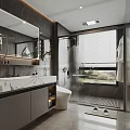 Modern Bathroom Interior With Marble Countertop Large Mirror Shower Area Glass Door And Green Plant