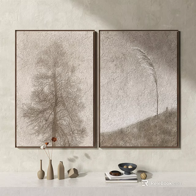 Minimalist Decorative Paintings Featuring Tree And Reed On Light Toned Background With Frames 3d model