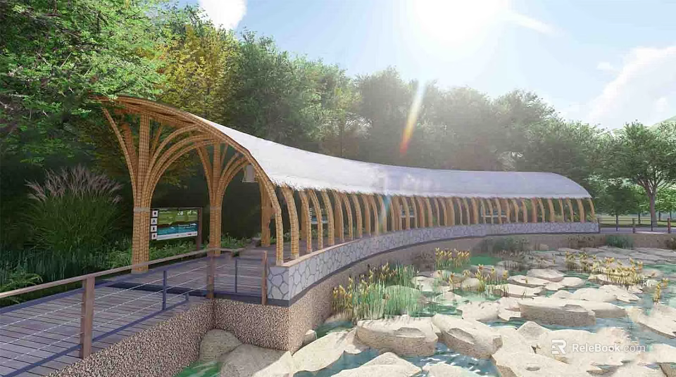 Outdoor Wooden Pergola With Arched Design White Canopy Surrounded By Trees And Stream Walkway 3d model 