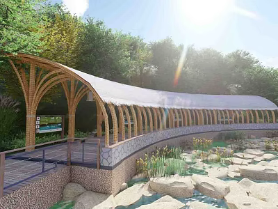 Outdoor Wooden Pergola With Arched Design White Canopy Surrounded By Trees And Stream Walkway 3d model