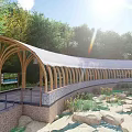 Outdoor Wooden Pergola With Arched Design White Canopy Surrounded By Trees And Stream Walkway