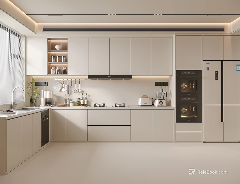 Modern Kitchen Interior With White Cabinets Natural Light Countertop And Appliances 3d model 