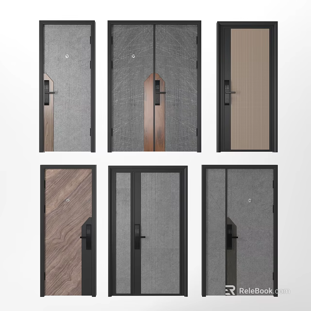 Stylish Modern Security Doors With Various Wood Grain And Mesh Panel Designs 3d model