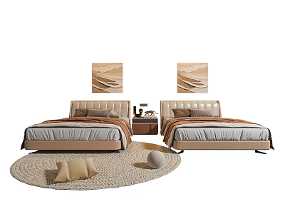 Modern Two Double Beds Bedroom With Wall Art Nightstand Rug Decorative Pillows And Round Accent 3d model