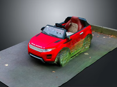Red Convertible Toy Car With Steering Wheel Inspired By Land Rover On Green Mossy Ground 3d model