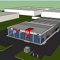 Modern Nissan 4S Dealership Exterior With Glass Curtain Wall And Parking Lot
