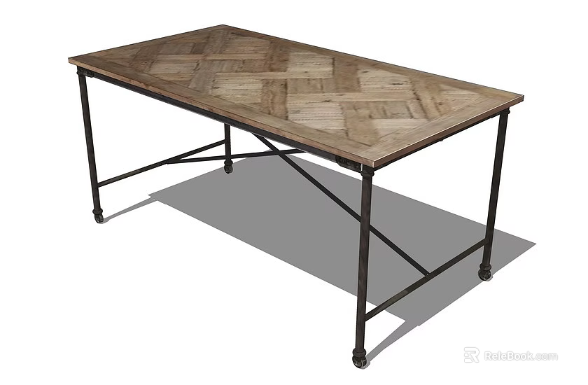 Rustic Industrial Wooden Dining Table with Herringbone Pattern Top Black Metal Cross Legs and Casters 3d model 