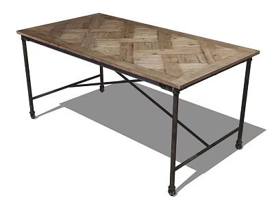 Rustic Industrial Wooden Dining Table with Herringbone Pattern Top Black Metal Cross Legs and Casters 3d model