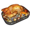 Juicy Golden Brown Roasted Chicken On Baking Tray With Tender Roasted Potatoes