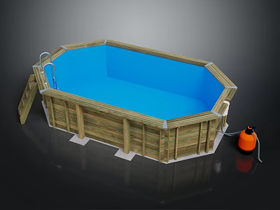Wooden Above Ground Pool Structure With Blue Water Ladder And Orange Equipment 3d model