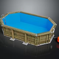 Wooden Above Ground Pool Structure With Blue Water Ladder And Orange Equipment
