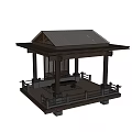 Traditional Wooden Pavilion in Garden Landscape With Roof and Railing Under Sky
